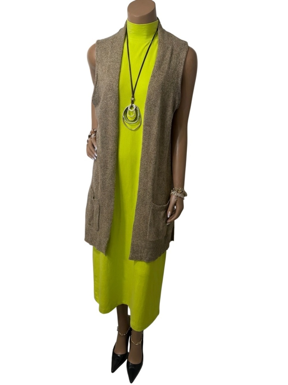 Lime Green Sleeveless Midi Dress W/ Tan Knit Vest☑️ - Picture 3 of 7